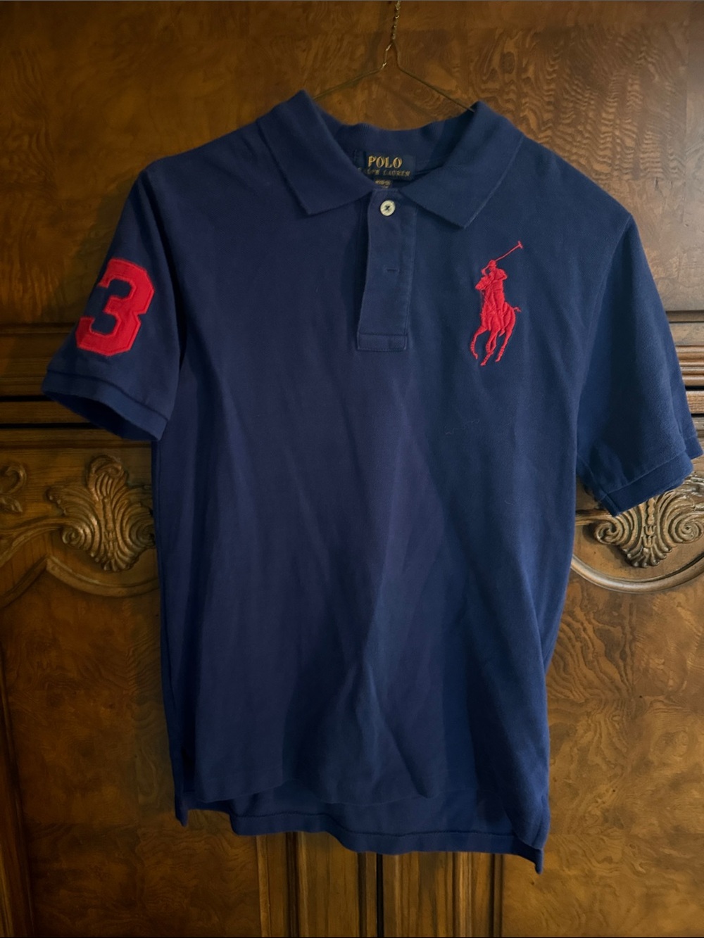 Boys medium Polo by Ralph Lauren Navy Polo with Red Logo and '3' Sleeve Number